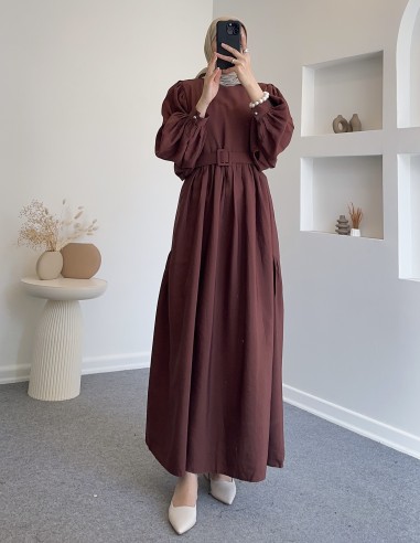 8356 kemerli elbise - kahverengi