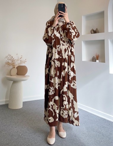 5100 desenli viskon elbise - kahverengi