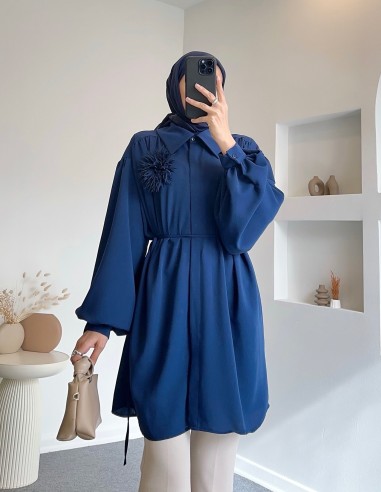 1400 çiçekli broşlu tunik - lacivert