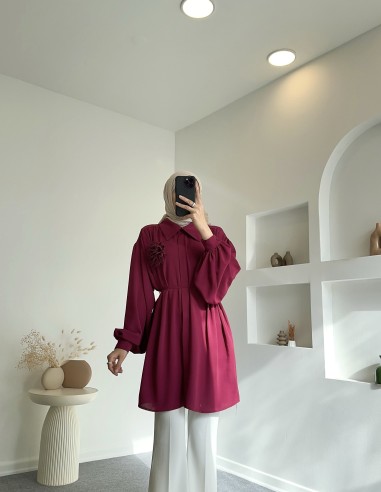 1400 çiçekli broşlu tunik - Vişne
