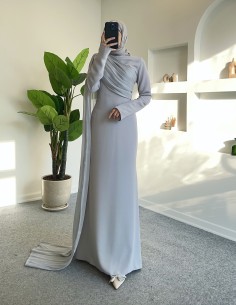 61531 tül detay elbise - gri