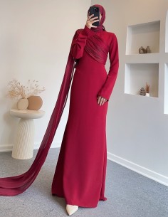 61531 tül detay elbise - Bordo