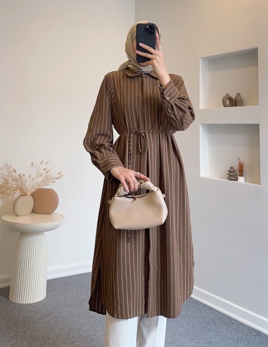7774 çizgili kuşaklı tunik - kahverengi