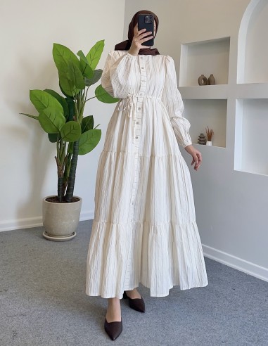 6412 çizgi detay kuşaklı elbise - Bej