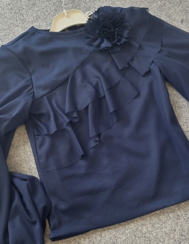 8992 tül çiçekli bluz - Lacivert