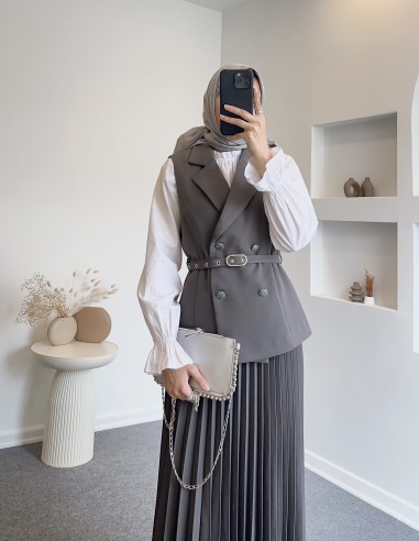 1823 cepli kemerli yelek etek takım -Gri