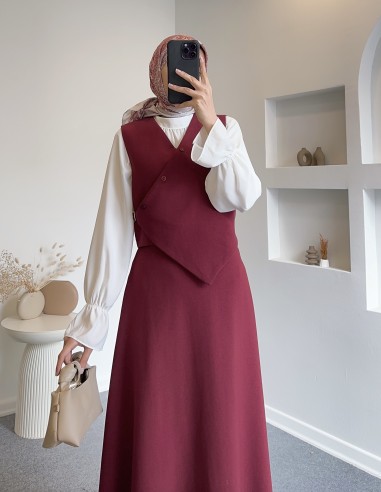 7042 çarpraz düğmeli yelek takım - Bordo