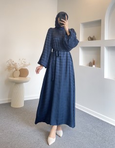 6085 saten elbise- lacivert 2