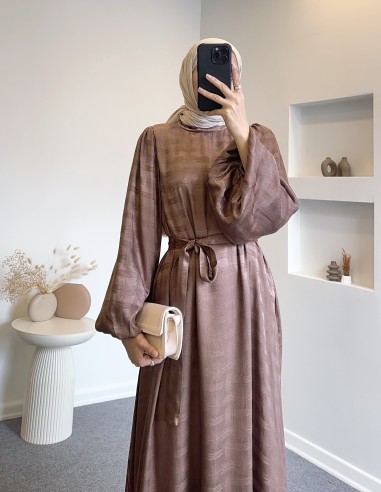 6085 saten elbise- Camel