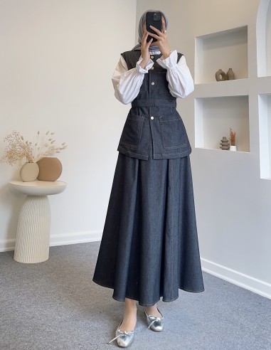 511119 cep detaylı yelekli kot takım-gri