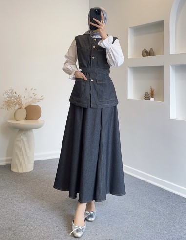 511119 cep detaylı yelekli kot takım-gri