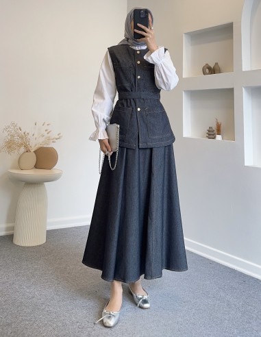 511119 cep detaylı yelekli kot takım-gri