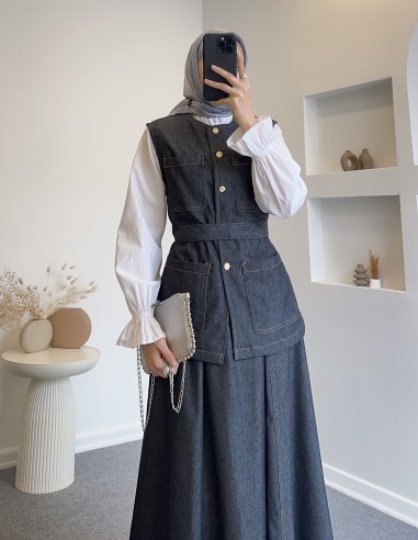 511119 cep detaylı yelekli kot takım-gri