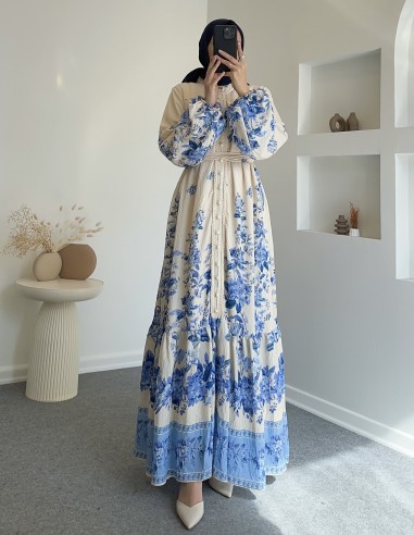 51126 güpür detay elbise -Mavi