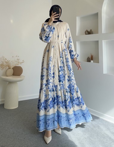 51126 güpür detay elbise -Mavi