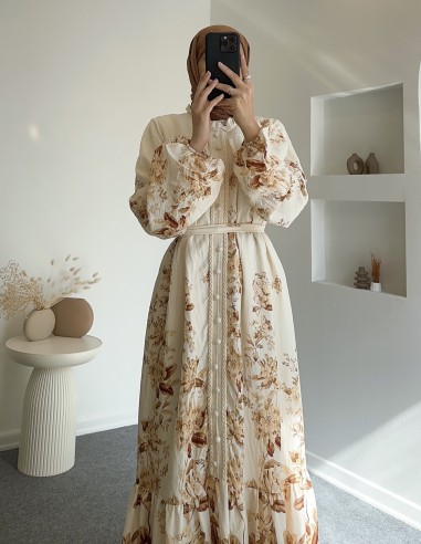 51126 güpür detay elbise -Bej