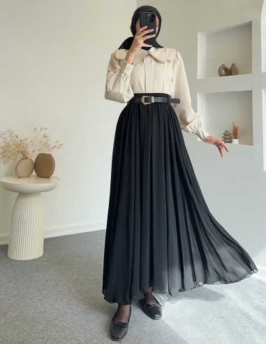 611 şifon etek -Siyah