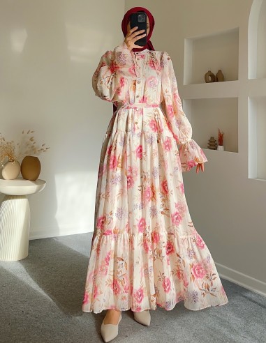 6451 Çiçek desenli elbise- pembe