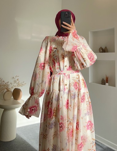 6451 Çiçek desenli elbise- pembe