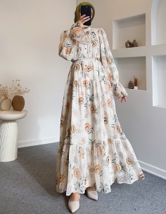 6451 Çiçek desenli elbise- Bej