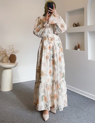 6451 Çiçek desenli elbise- Bej