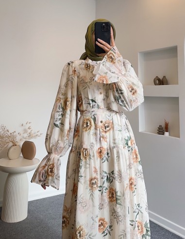 6451 Çiçek desenli elbise- Bej