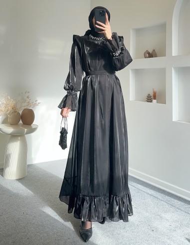 1391 yakası çiçek broşlu balon kol...