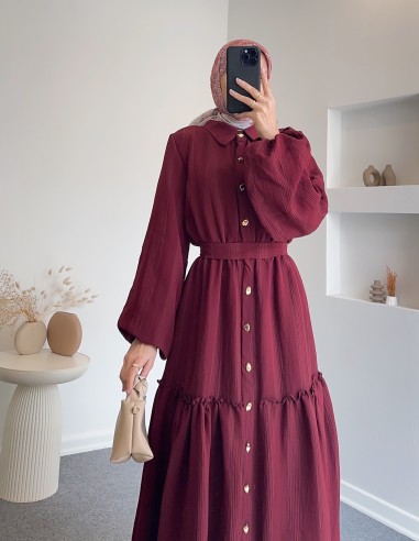 7310 Brit düğmeli pileli elbise -bordo