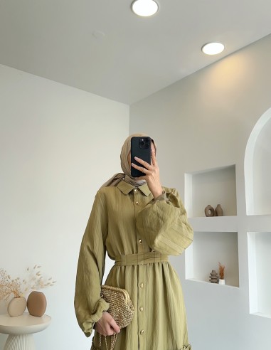 7310 Brit düğmeli pileli elbise - Yağ...