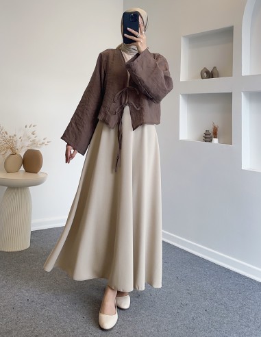 29163 saf keten  bluz - kahverengi