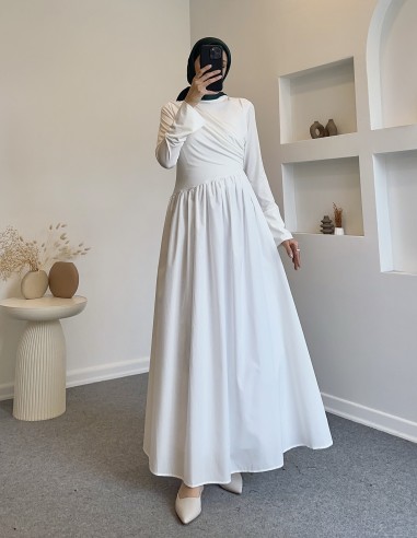 9883 garnili asimetrik elbise - Beyaz
