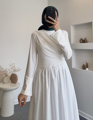 9883 garnili asimetrik elbise - Beyaz