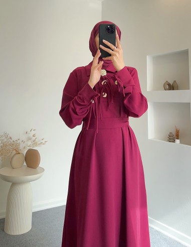 1402 fiyonk detaylı linda elbise -Bordo