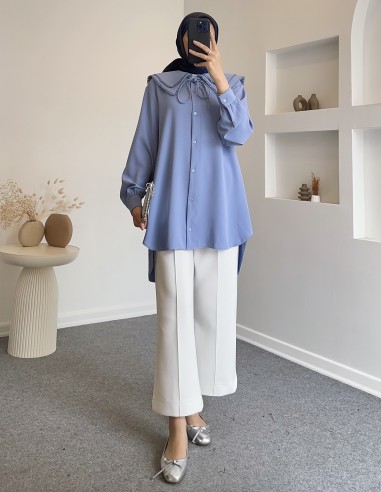7808 bebe yaka dantelli tunik -Mavi