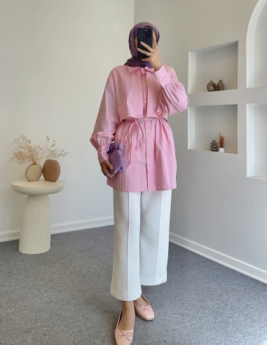 1396 çizgili beli bağcıklı tunik - pembe