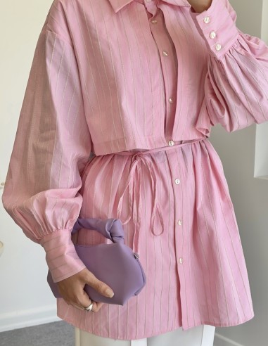 1396 çizgili beli bağcıklı tunik - pembe