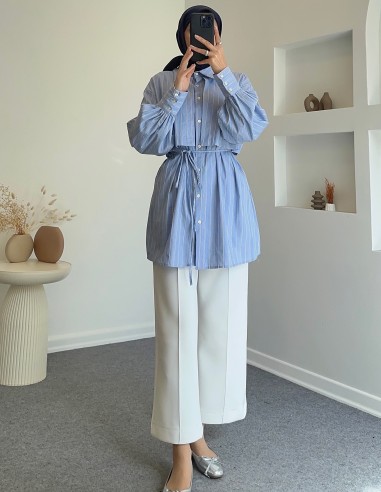 1396 çizgili beli bağcıklı tunik -Mavi