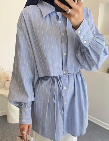 1396 çizgili beli bağcıklı tunik -Mavi