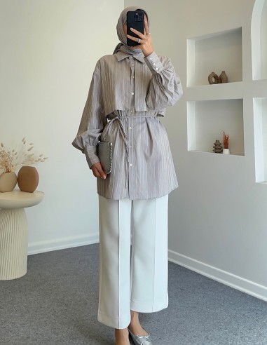 1396 çizgili beli bağcıklı tunik -Gri