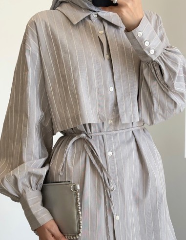 1396 çizgili beli bağcıklı tunik -Gri