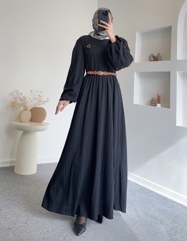 1357 kemerli elbise -Siyah