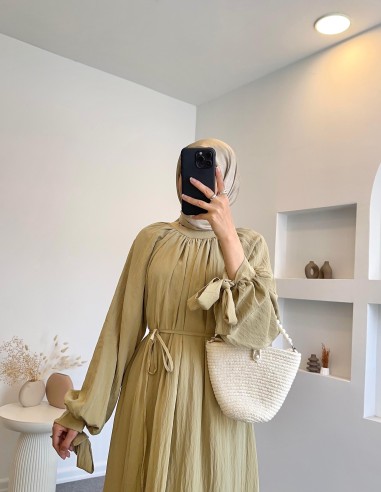 9148 kolları bağcıklı elbise- su yeşili