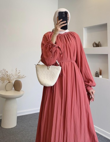 9148 kolları bağcıklı elbise - mercan