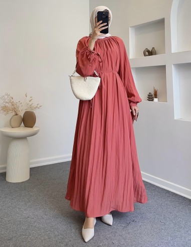 9148 kolları bağcıklı elbise - mercan