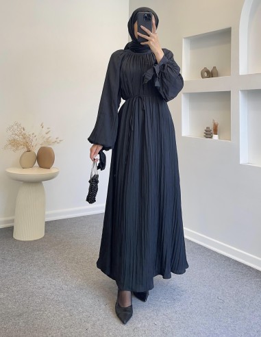 9148 kolları bağcıklı elbise -Siyah