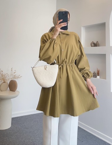 315 bel büzgülü gömlek - yağ yeşili