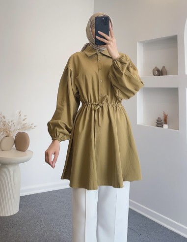 315 bel büzgülü gömlek - yağ yeşili