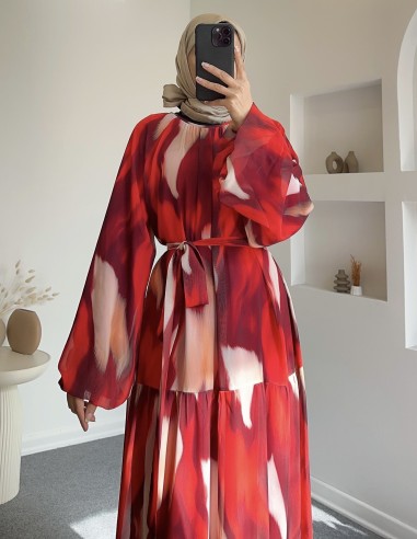 2862 fırça desen şifon elbise - kırmızı