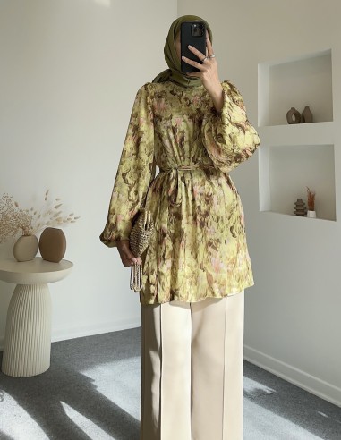 5095 su yolu desenli saten tunik - yeşil