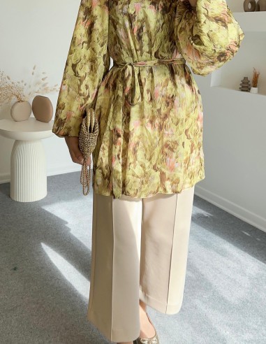 5095 su yolu desenli saten tunik - yeşil